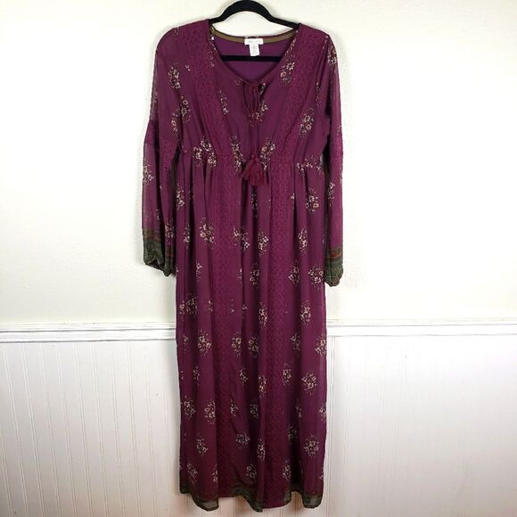 Women's Boho Hippie Cottagecore Long Burgundy White Floral Maxi Dress Size Med